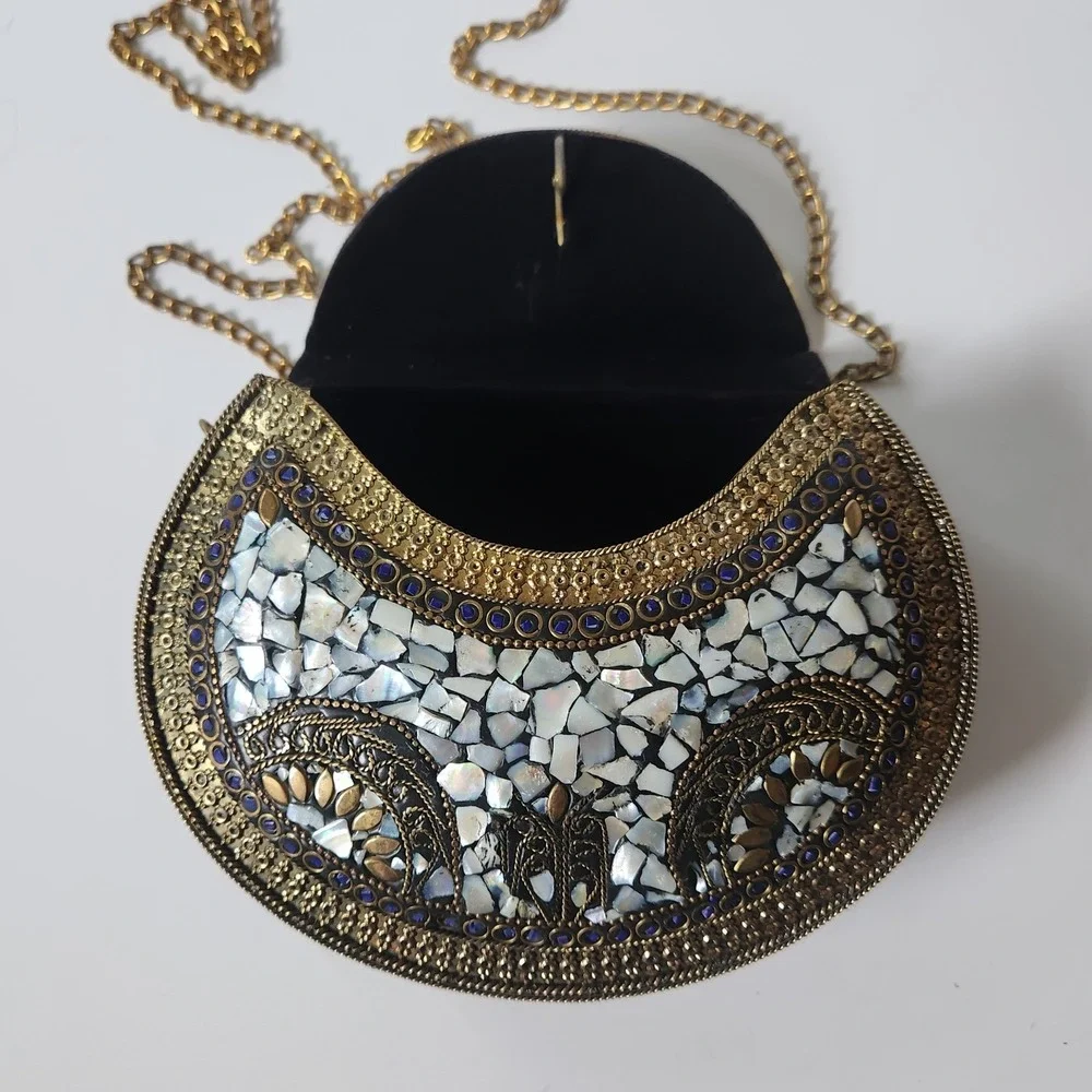 Vintage Handmade Brass Mother of Pearl Mosaic Crossbody Clutch Purse Bohemian